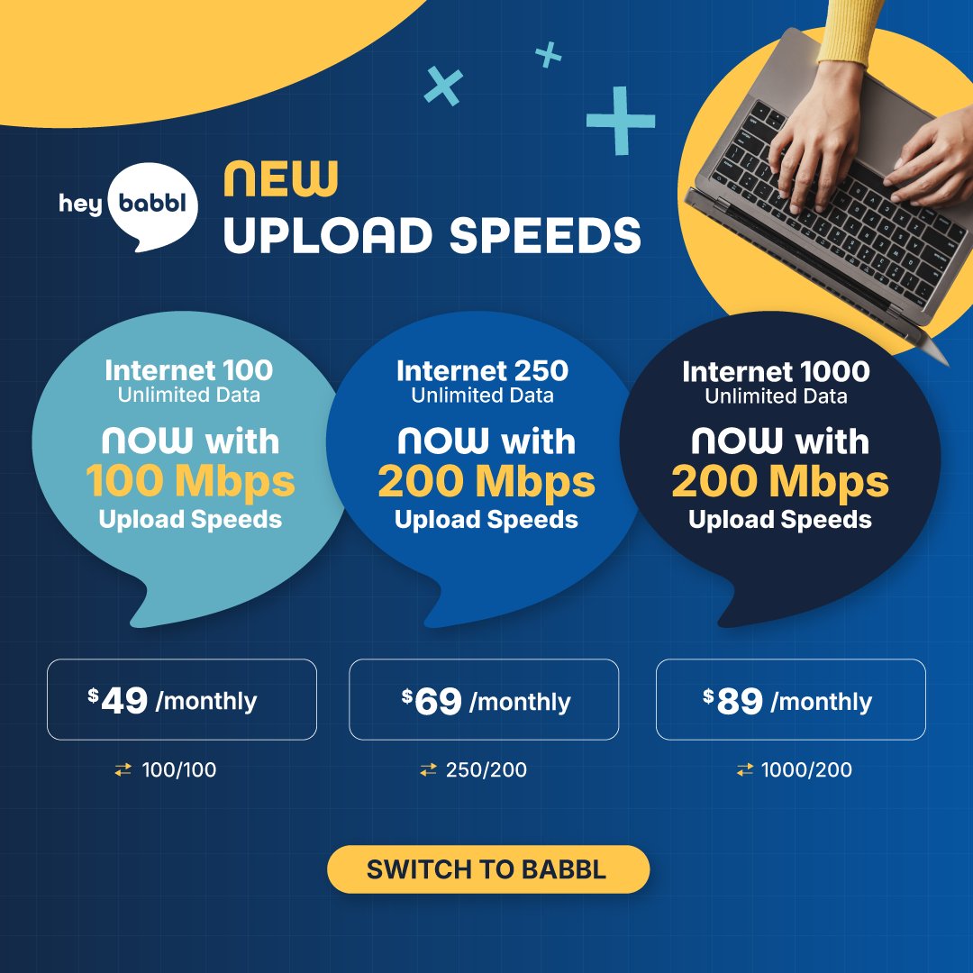 heybabbl's tweet photo. Big news: We just boosted our upload speeds! 🚀 Sharing large files, hosting meetings, or growing your remote business just got smoother and faster.  Same Internet - Better Price and now More Speed!

 #Heybabbl #StayConnected #AffordableInternet https://t.co/lBco6xEe2m