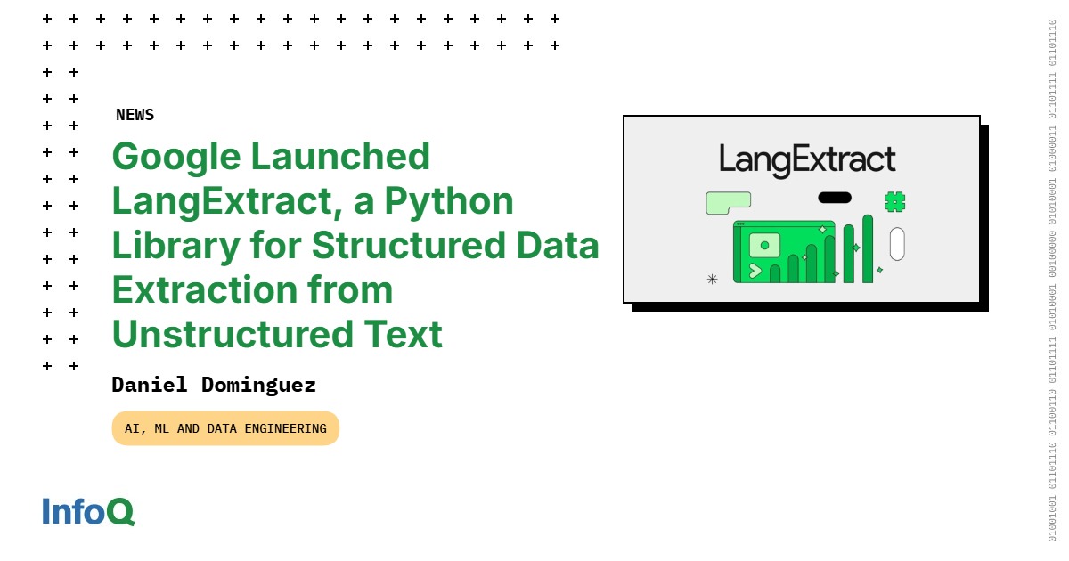 InfoQ's tweet image. Meet #LangExtract - an #opensource #Python library!
Developers can now extract structured information from unstructured text using large language models such as the Gemini models.
Learn moreon #InfoQ 👉 bit.ly/3Hw6q8K
#Google #LLMs #AI