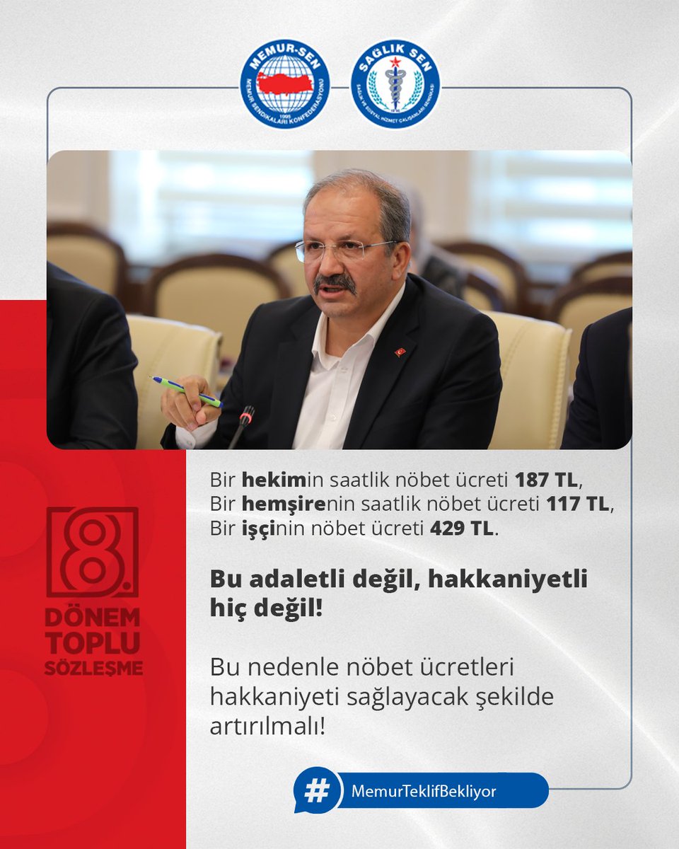Bir hekimin saatlik nöbet ücreti 187 TL,
Bir hemşirenin saatlik nöbet ücreti 117 TL,
Bir işçinin nöbet ücreti 429 TL.

Bu adaletli değil, hakkaniyetli hiç değil!

Bu nedenle nöbet ücretleri hakkaniyeti sağlayacak şekilde artırılmalı!

#MemurTeklifBekliyor