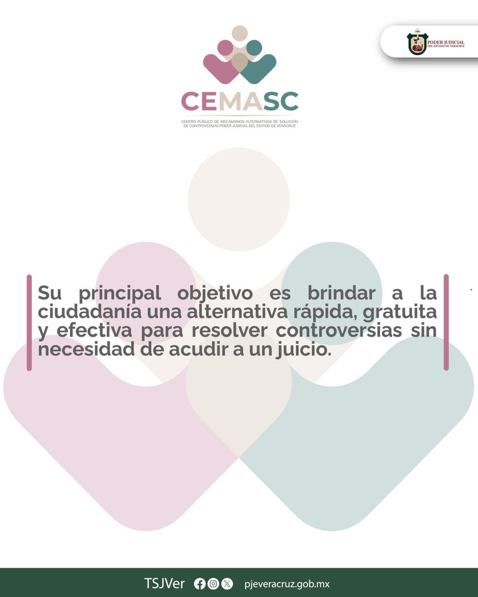 El CEMASC es el órgano auxiliar del Poder Judicial dedicado a proporcionar soluciones efectivas y accesibles a la sociedad mediante la aplicación de mecanismos alternativos de solución de controversias.

Visita el micrositio:
🔗 pjeveracruz.gob.mx/cemasc/