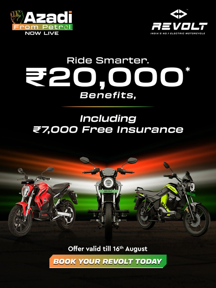 RevoltMotorsIN's tweet photo. Freedom looks better on two wheels.
Get benefits worth ₹20,000* including ₹7,000 Free Insurance when you book your Revolt this Independence Week.

Offer valid till 16th August.
Ride smarter. Ride Revolt.

#AzadiFromPetrol #RevoltMotors #FreedomRide #ElectricRevolution https://t.co/4kYUZgMua1