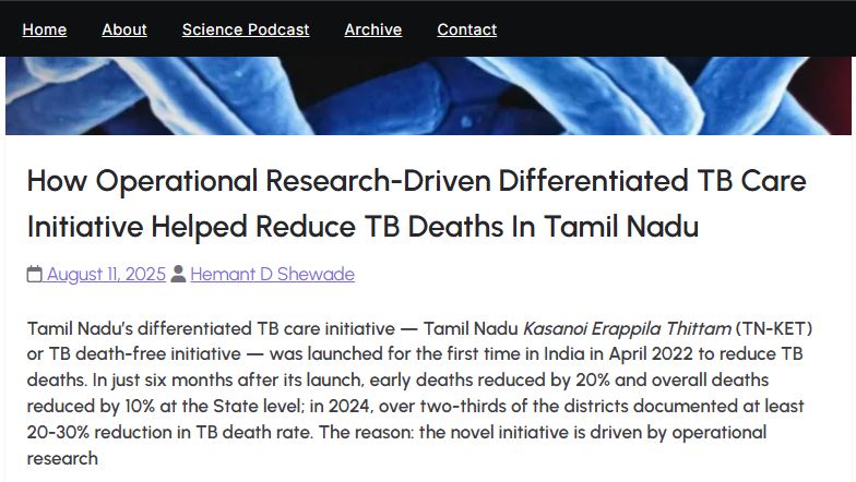 Hemant Deepak (@hshewade) on Twitter photo How operational research-driven differentiated TB care initiative helped reduce TB deaths in Tamil Nadu
I write for <a href="/SciChronicle4/">Science Chronicle</a>. Please read at leisure and share in your network ! Thank you <a href="/RPrasad12/">R. Prasad</a> for the invite
#TNKET <a href="/icmr_nie/">ICMR - National Institute of Epidemiology</a> sciencechronicle.in/2025/08/11/how… How operational research-driven differentiated TB care initiative helped reduce TB deaths in Tamil Nadu
I write for <a href="/SciChronicle4/">Science Chronicle</a>. Please read at leisure and share in your network ! Thank you <a href="/RPrasad12/">R. Prasad</a> for the invite
#TNKET <a href="/icmr_nie/">ICMR - National Institute of Epidemiology</a> sciencechronicle.in/2025/08/11/how…
