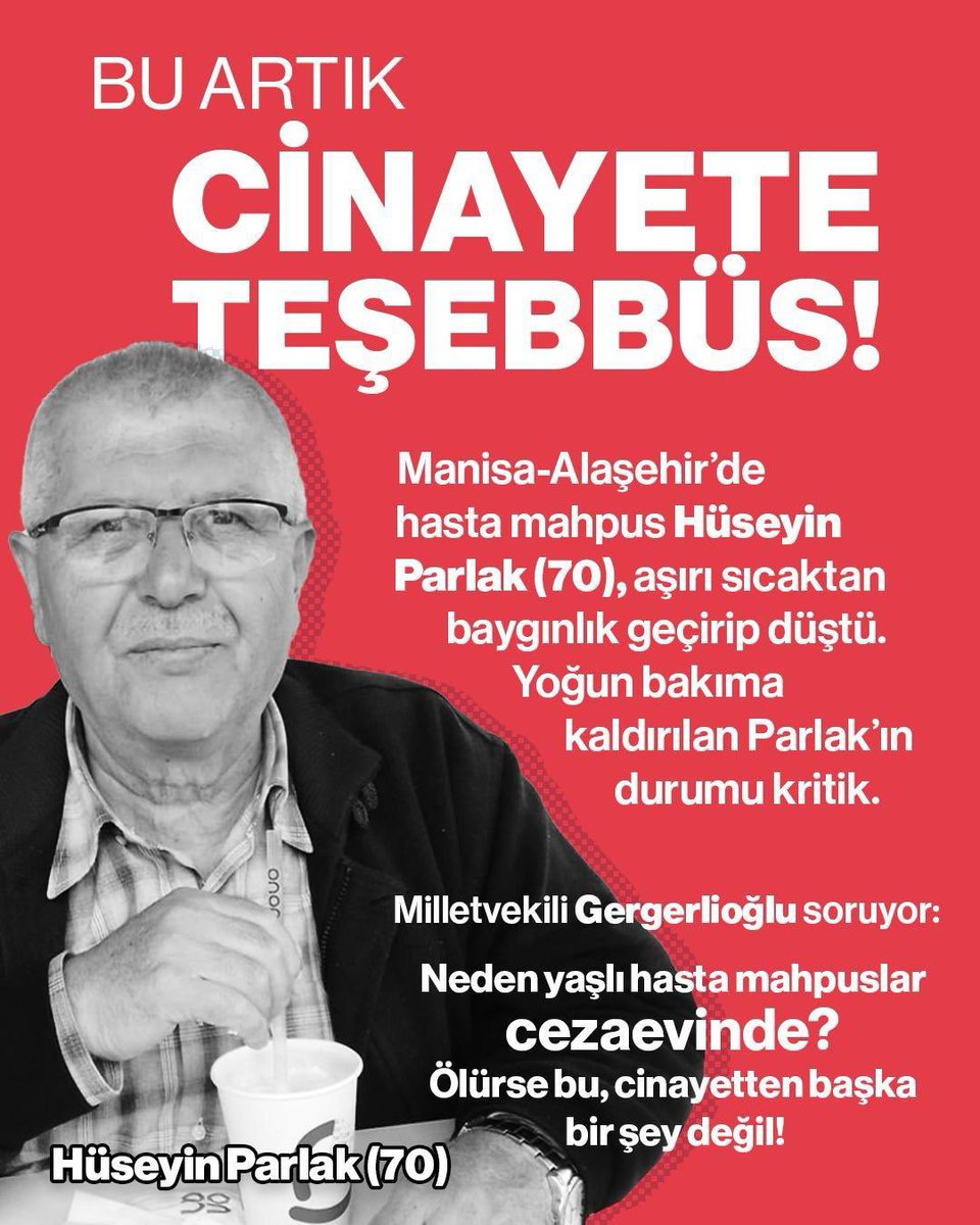 Cezaevinde can pazarı: 70 yaşındaki Hüseyin Parlak, aşırı sıcaktan fenalık geçirerek düştü. Yoğun bakıma kaldırılan Parlak’ın durumu kritik.

#KHKlarİptalEdilsin