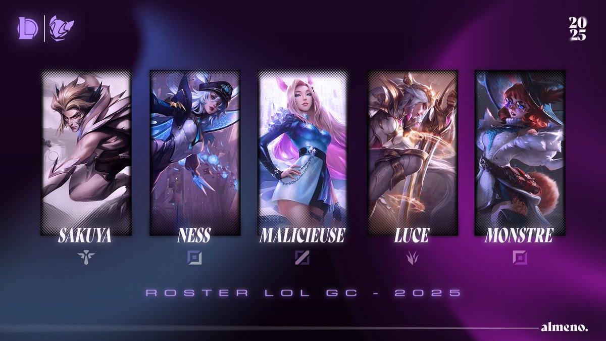 Almeno E-sport (@almenoesport) on Twitter photo Notre roster GC est désormais au complet 💜💙
Voici les joueuses qui porteront nos couleurs pour la suite de l’année :
<a href="/loryne_a/">AOE Sakuya</a>
<a href="/cofinesstv/">Cofiness</a>
<a href="/AOE_Malicieuse/">AOE Sam</a>
<a href="/Lucenyanya/">AOE Lucina 🏳️⚧️ 🔻</a>
<a href="/in_monsterland/">Knight Alice 🫡🏳️⚧️</a>
L’aventure ne fait que commencer…
#AOEWIN💜💙 Notre roster GC est désormais au complet 💜💙
Voici les joueuses qui porteront nos couleurs pour la suite de l’année :
<a href="/loryne_a/">AOE Sakuya</a>
<a href="/cofinesstv/">Cofiness</a>
<a href="/AOE_Malicieuse/">AOE Sam</a>
<a href="/Lucenyanya/">AOE Lucina 🏳️⚧️ 🔻</a>
<a href="/in_monsterland/">Knight Alice 🫡🏳️⚧️</a>
L’aventure ne fait que commencer…
#AOEWIN💜💙