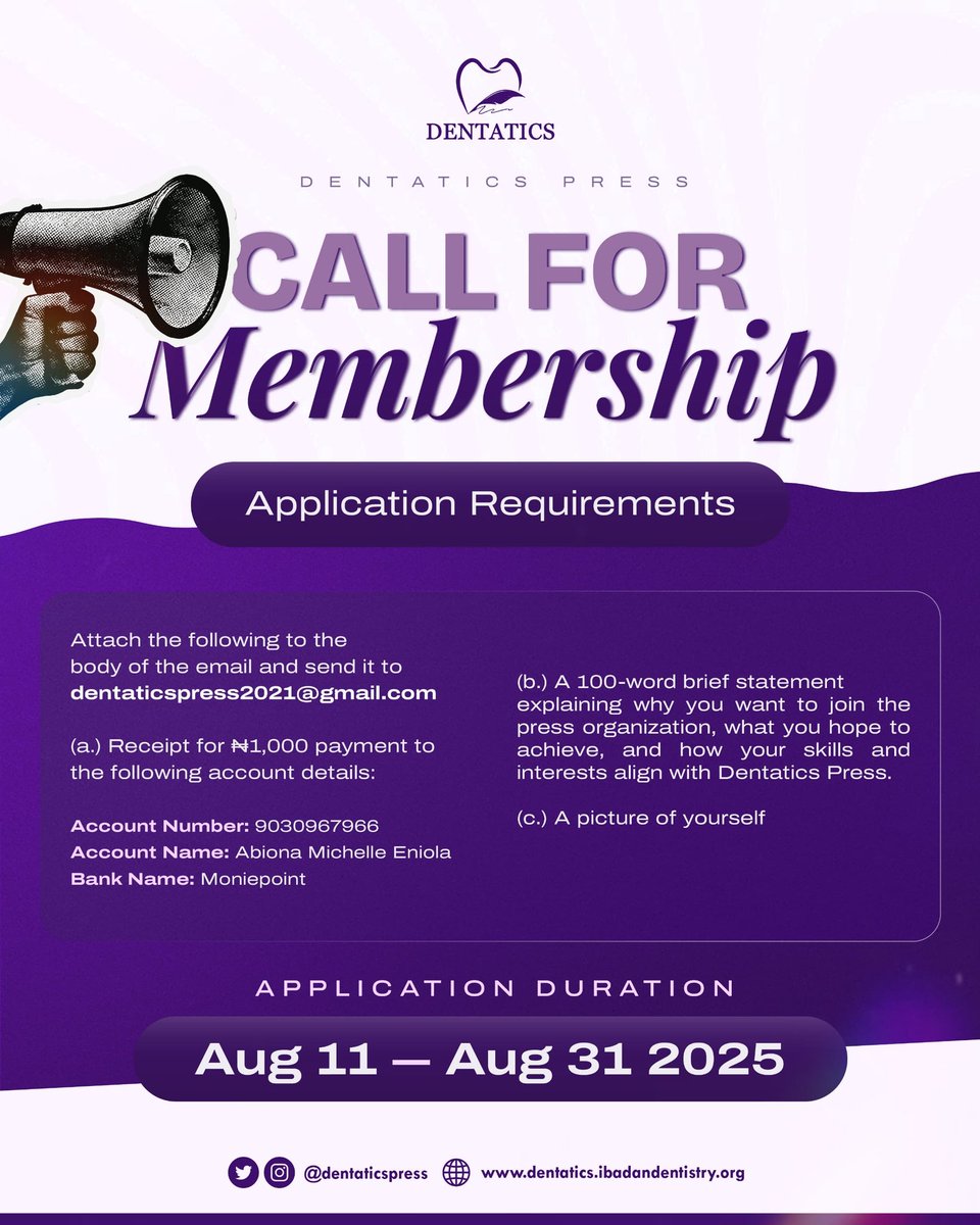 dentaticspress's tweet photo. CALL FOR MEMBERSHIP!

Do you have a passion for writing?
Or you excel at being creative?
Would you like to be part of a dynamic team where you can showcase your flair for journalism?

We're excited to announce that Dentatics Press is now receiving applications for new members. https://t.co/xkXWFaztJX