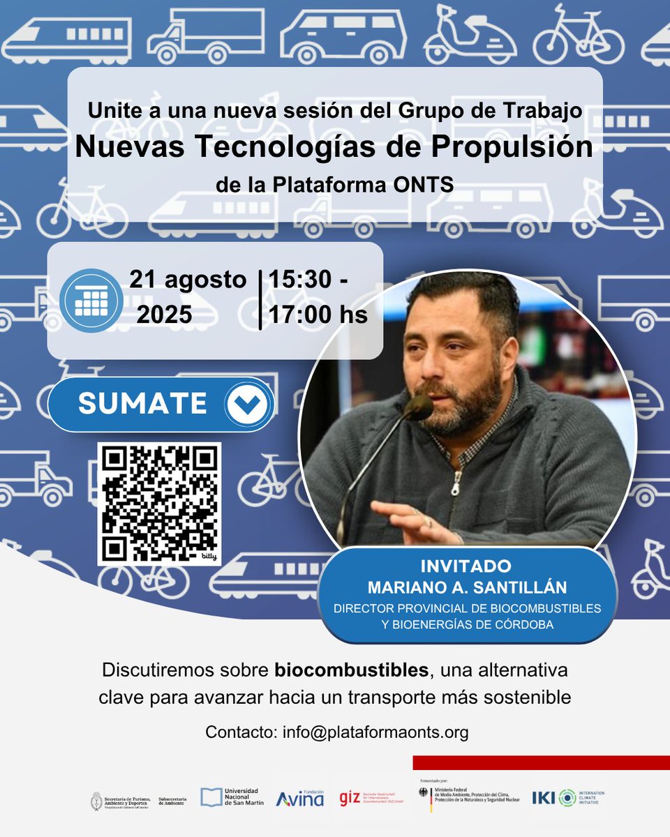 Sumate a la tercera sesión del Grupo de Trabajo Nuevas Tecnologías de Propulsión, impulsado desde la Plataforma del Observatorio Nacional de Transporte Sostenible (ONTS). 
📅Fecha: Jueves 21 de agosto
🕒Hora: 15:30 hs
💻Modalidad: Virtual (Zoom)
👉Sumate: us06web.zoom.us/meeting/regist…