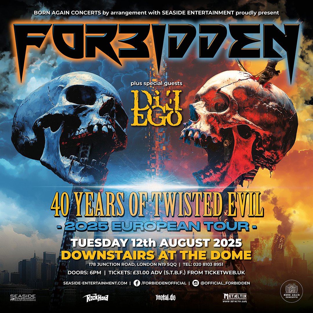 TUESDAY 💀 Thrash metal legends <a href="/ForbiddenMetal/">Forbidden (Official)</a> - 40 YEARS OF TWISTED EVIL – 2025 EUROPEAN TOUR – plus <a href="/DieEgoMetal/">Die-Ego</a>, live at #TheDome, Tuesday 12th August.

FINAL TIX 🎟️ tinyurl.com/BAforbidden

🎥 youtu.be/7dhqrkJndTU