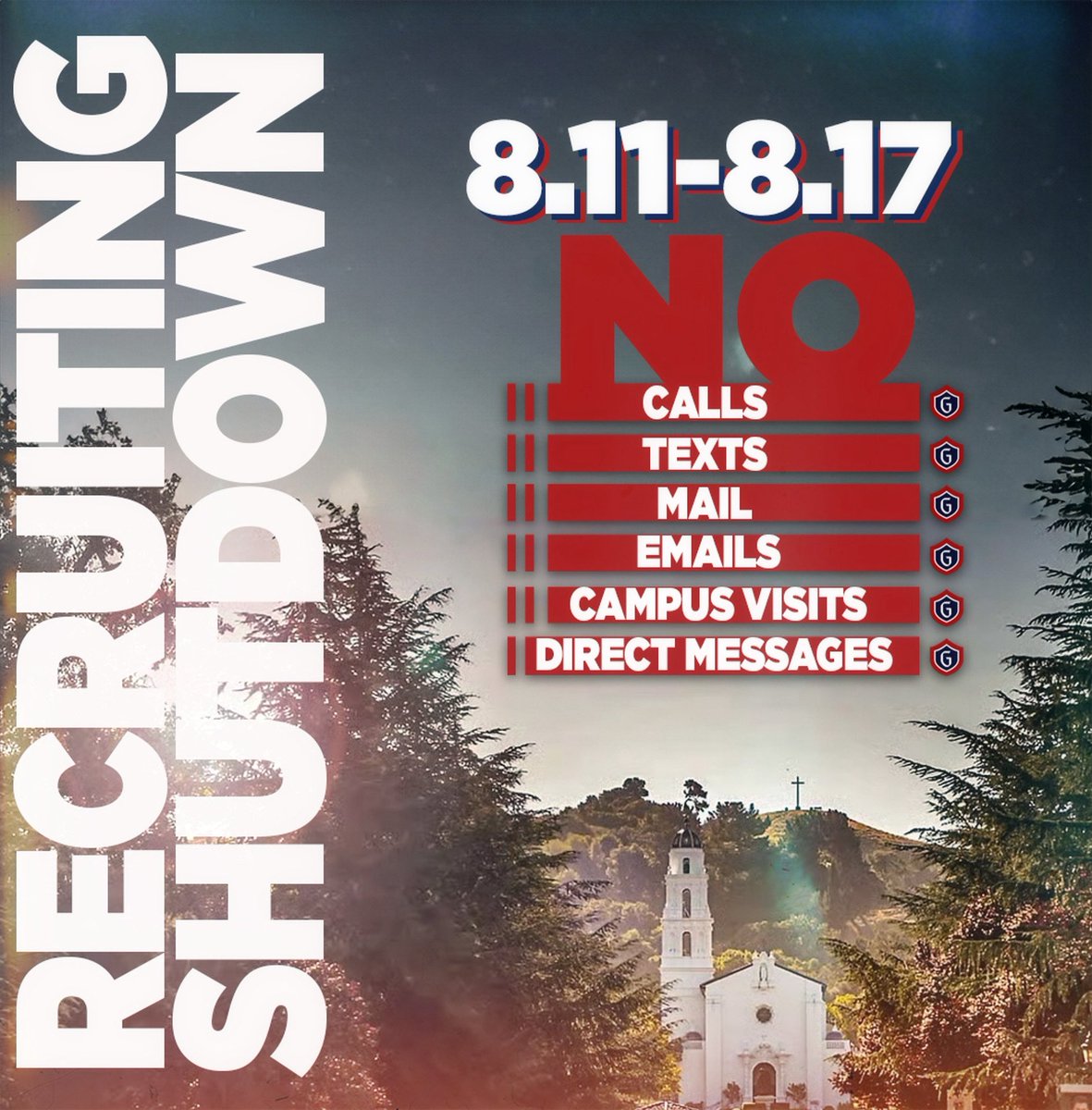 GaelsWBB's tweet photo. 🔴🔵🔴🔵 ATTENTION 🔵🔴🔵🔴

Parents, Players, &amp; Coaches please be aware of the NCAA mandated recruiting shutdown August 11th - August 17th!!! #gogaels https://t.co/mt66YTOTsT