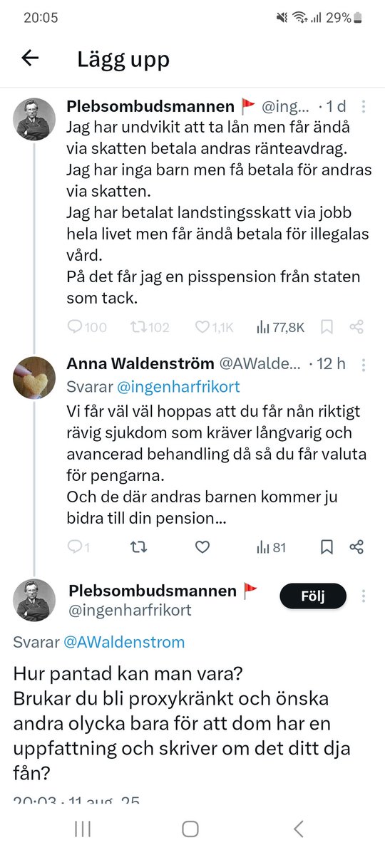 AWaldenstrom's tweet photo. Det är tydligen jag som är lättkränkt här? Jag skriver naturligtvis inte allvarligt att jag önskar @ingeharfrikort sjukdom men resonemanget är ju att han inte vill bidra till det gemensamma för att han själv inte tjänar på det... Svarar kränkt och otrevligt men stänger tråden 😄 https://t.co/gltgldRU1q