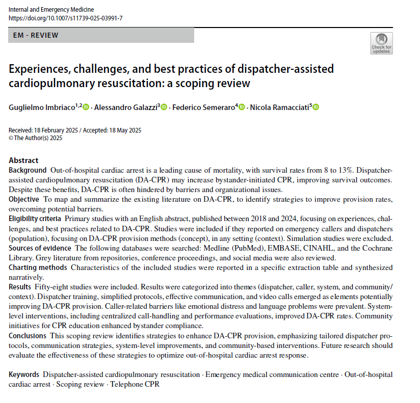 GuImbriaco's tweet photo. 🚨 New publication in Internal and Emergency Medicine
Our scoping review maps real-world strategies to improve dispatcher-assisted CPR (DA-CPR) ☎️💔
👉https://t.co/xWXbp2lnB8
#EmergencyMedicine #CardiacArrest #DispatcherCPR #Resuscitation #OHCA #FOAMem #FOAMems https://t.co/HbBqfw6auK