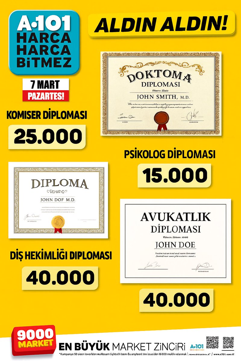 Peşin fiyatına 6 taksit.. stoklarla sınırlı değil. Premium abonelik yaparsanız atamada garanti ayrıca mavi tık ücretsiz..

#DiniSohbetSuçDeğildir
#CANAKKALEYANIYOR 
#muslera 
#LaCasaDeLosFamososMx 
#Diploma 
#SahteDiplomalılarıAçıklayın 
#SahteDiploma
