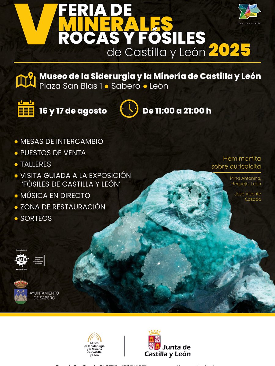 El próximo fin de semana disfruta de la V FERIA DE MINERALES, ROCAS Y FÓSILES DE CASTILLA Y LEÓN. Dos días para comprar e intercambiar, aprender con talleres y visitas guiadas y disfrutar de buena música y mejor ambiente. ! Te esperamos en el museo!