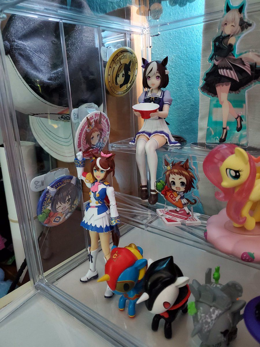 lab_katt's tweet photo. @Torafikku My best friend gave me her display case and I was able to fit most of my stuff in there!! I still have three school outfit figures and the special week model kit I haven't displayed. It brings me great joy (everything in here was either found irl or gifted) https://t.co/2fWQFcmsze