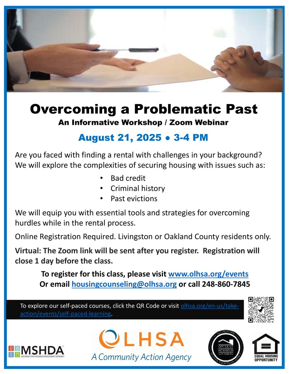 Are you looking to rent and facing challenges such as bad credit, criminal history, or past evictions? 🏡 Join us for a Zoom workshop on 8/21 from 3-4 p.m. to learn about resources for overcoming hurdles. See flyer for more details and register here ➡️ olhsa.org/events