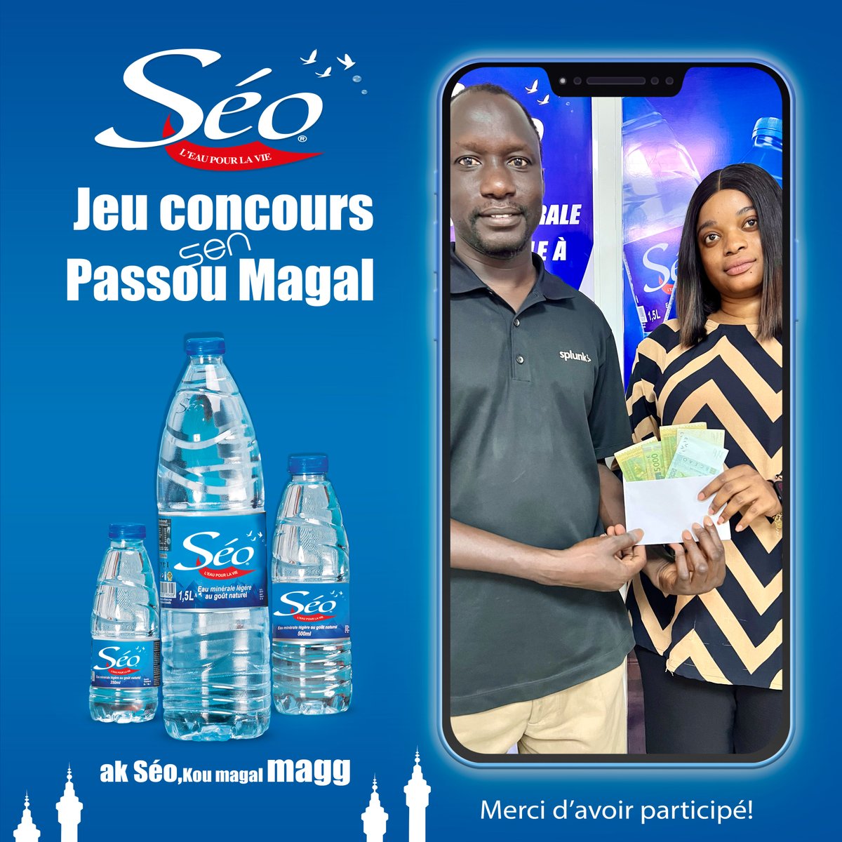 Nawone Fawone rk nioune ak yéne ba biir Touba inchallah 💙🕌
Félicitations et merci à tous d’avoir participé 🥳💙
#séosénegal
#eauminérale
#Ndoxurewmi
#gagnants
#touba