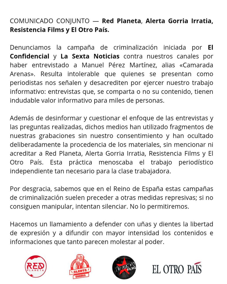 El fascismo intenta silenciarnos.

Inician una campaña de criminalización, buscando legitimar la represión contra la libertad de expresión y la libertad de prensa.

Esto solo nos da más motivos para difundir y extender el mensaje que les incomoda <a href="/Sexta/">Sexta</a> <a href="/elconfidencial/">El Confidencial</a>