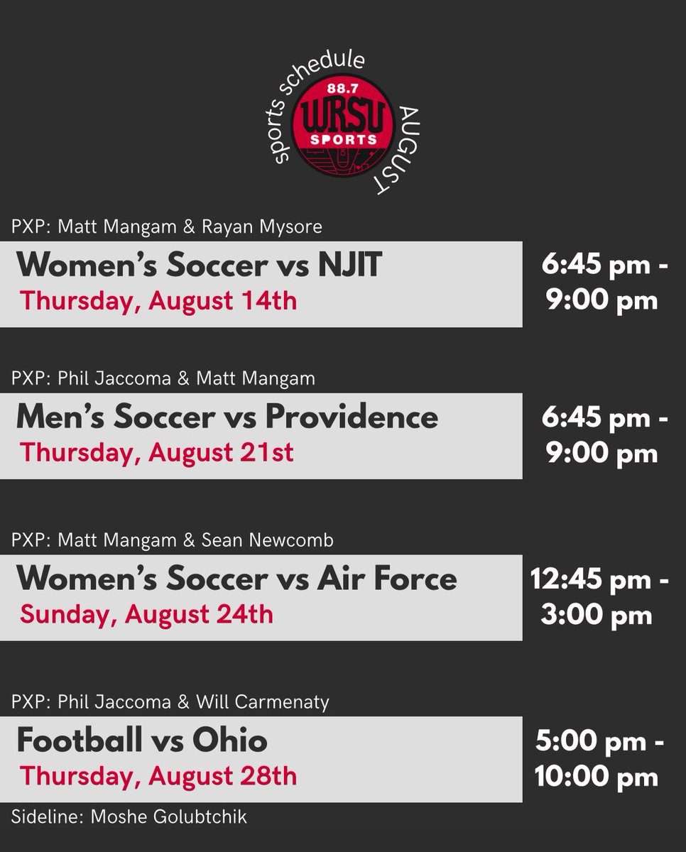WRSUsports's tweet photo. We’re back for another year of WRSU Sports! Check out the August schedule for or coverage of Men’s Soccer, Women’s Soccer and Football this month! https://t.co/n0If9uFjWw