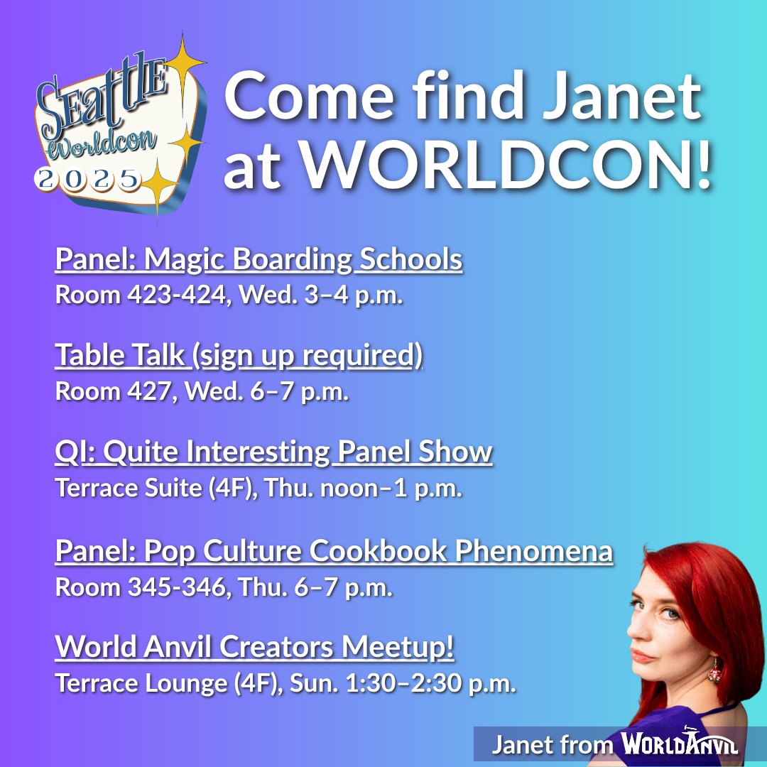 World Anvil (@worldanvil) on Twitter photo This week, Janet's at <a href="/seattle2025/">Seattle Worldcon 2025</a> ! Come find her if you're attending - and join her for the #WorldAnvil creator meet-up on Sunday! This week, Janet's at <a href="/seattle2025/">Seattle Worldcon 2025</a> ! Come find her if you're attending - and join her for the #WorldAnvil creator meet-up on Sunday!