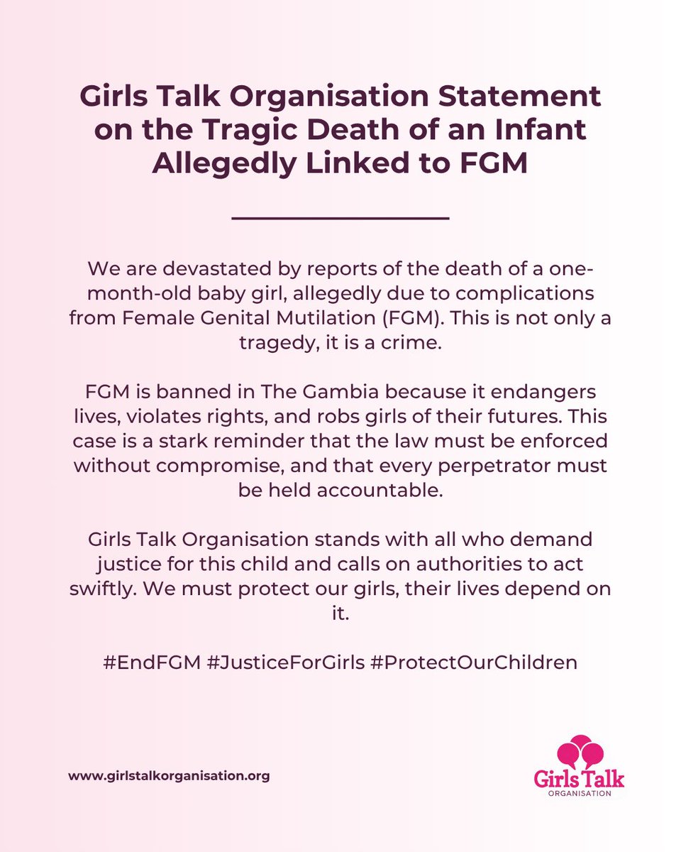 Another life stolen. A one-month-old baby girl has died, allegedly from complications of FGM.

This is not culture. This is not tradition. This is violence — and it must end.

#endfgm #justiceforgirls #protectourchildren #thegambia