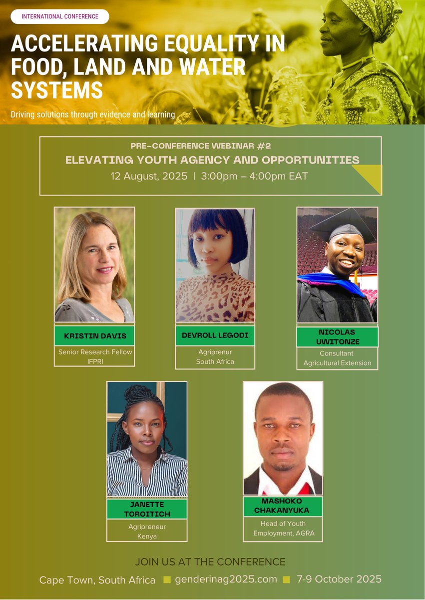 📣 Don’t miss this event happening tomorrow:

📌 Elevating Youth Agency and Opportunities

⏲️ 12 August 2025, 3pm EAT

🗨️ Participants include IFPRI’s <a href="/KristinMkulima/">Kristin Davis</a>.

🔍 Learn more here: on.cgiar.org/3UL2DYh

<a href="/CGIAR/">CGIAR</a> #InternationalYouthDay
