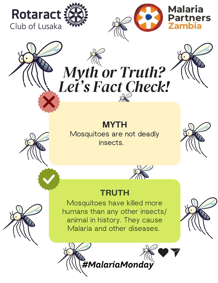 LusakaRotaract's tweet photo. Myth or Truth? Let's settle it once and for all! 🧐 The Rotaract Club of Lusaka is proud to partner with Malaria Partners Zambia to spread awareness this #MalariaMonday.

Let's do our part to educate our communities and fight this preventable disease together. https://t.co/xqMP7pO5XC