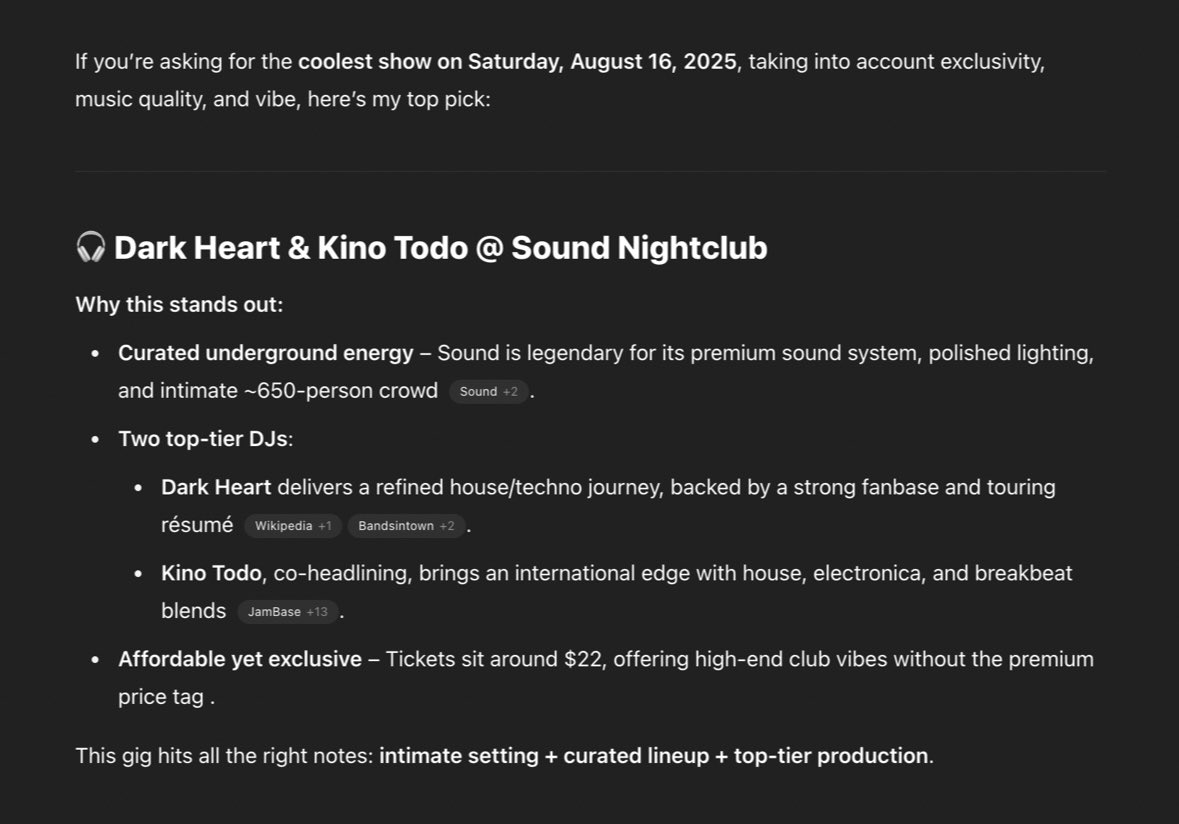 I asked ChatGPT what the coolest show in LA is on August 16th and this is what it gave me <a href="/Sound_Nightclub/">Sound</a>