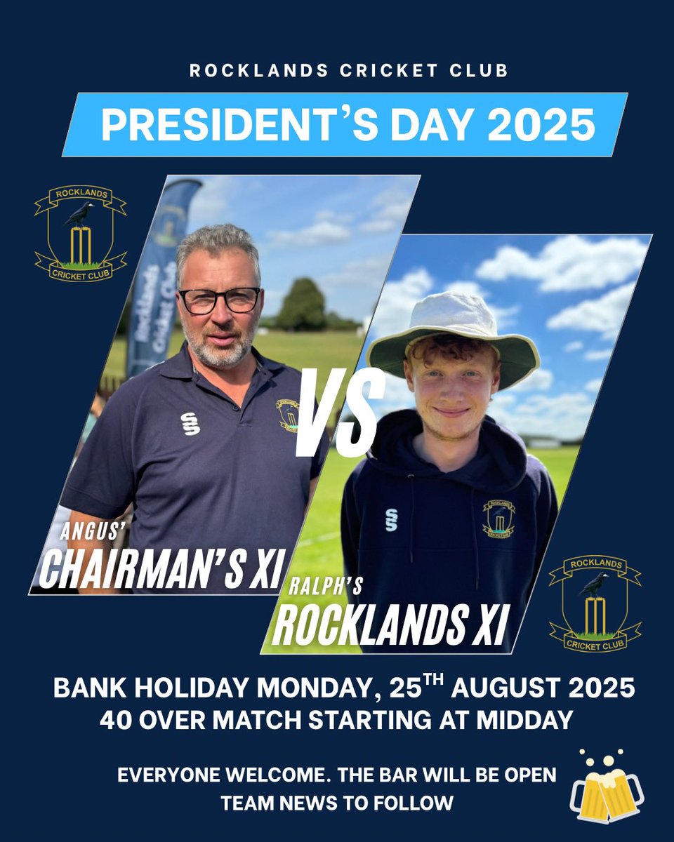 This year’s President’s Day clash sees <a href="/angus_coates/">Angus Coates</a> Chairman’s XI take on Ralph’s Rocklands XI in a 40-over battle for bragging rights.

📍 Rocklands Cricket Club
📅 Bank Holiday Monday, 25th August 2025
🕛 Match starts midday
🍺 The bar will be open all day!

📢 Team news soon