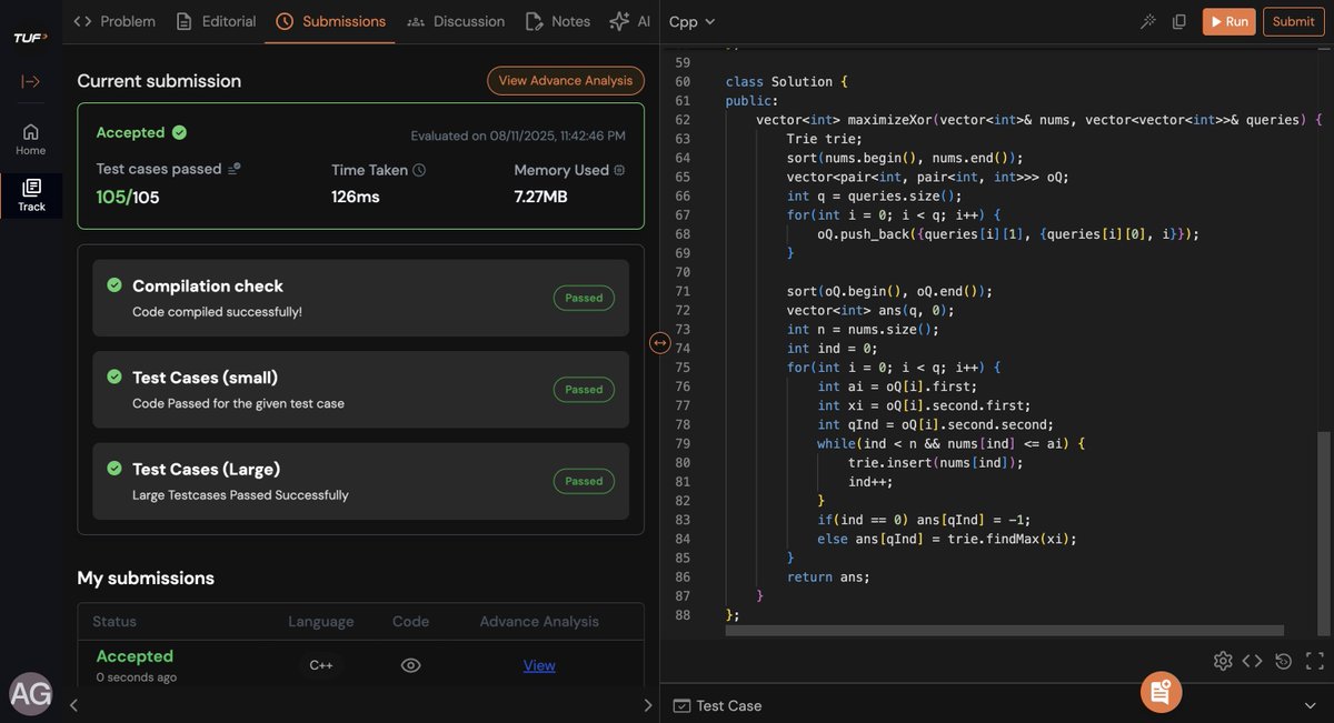 amit_codes's tweet image. 💻 Day 168/180 #DSA

✔ LC 421: Max XOR Pair → Trie + Bits
✔ LC 1707: Constrained XOR → Sorted Queries
💡 &quot;Tough days build resilient coders!&quot;

Reply with your favorite bitwise DS! ⚡
