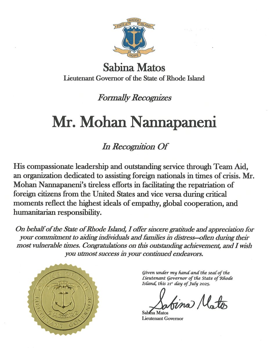 I am deeply honored to receive this recognition from the Honorable Sabina Matos, Lieutenant Governor of the State of Rhode Island.

This honor truly belongs to the thousands of dedicated and compassionate TEAM Aid volunteers across the globe, who work tirelessly—day and night—to