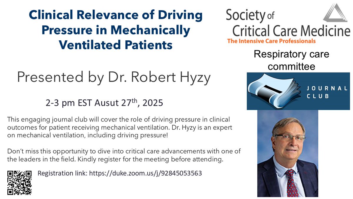 Want to learn or re-learn about the important of #DrivingPressure as part of mechanical ventilation management? This <a href="/SCCM/">SCCM</a> journal club for you. QR code or duke.zoom.us/j/92845053563 to join.