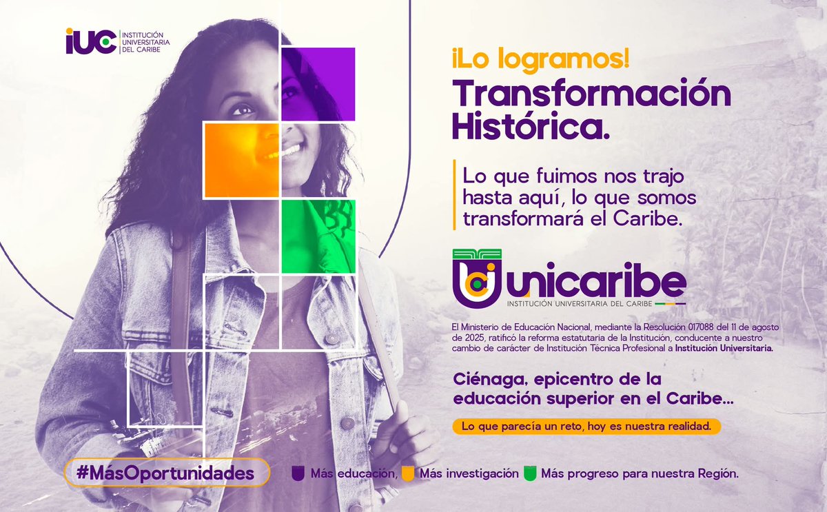 📢¡Estamos felices! 🎇
✅️ Logramos una gran transformación desde Ciénaga para toda la Región:
🟪🟨🟩

📌Desde hoy, somos la Institución Universitaria del Caribe gracias a que el <a href="/Mineducacion/">MinEducación</a> ratificó la reforma estatutaria conducente al cambio de carácter académico de nuestra