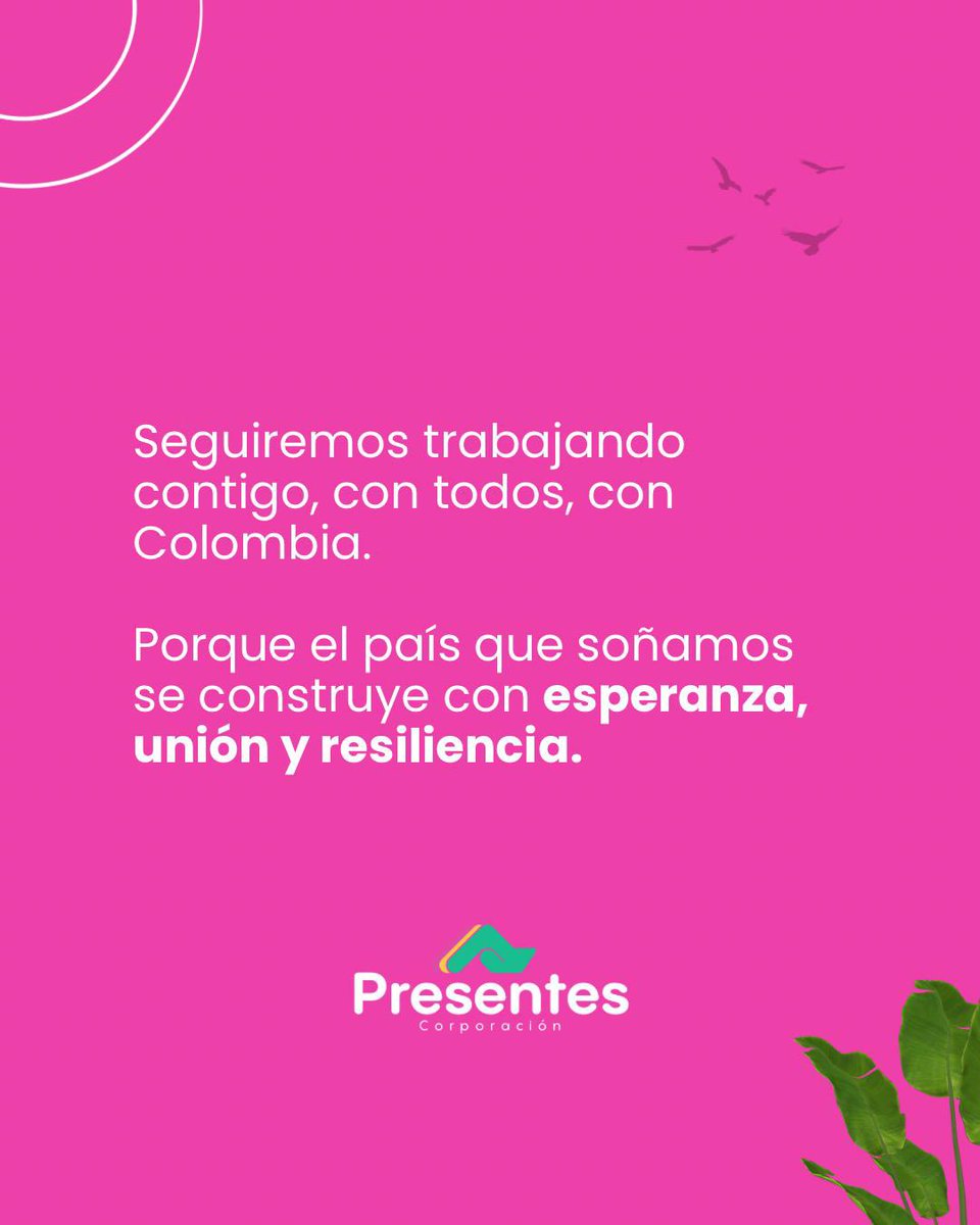 En Presentes Corporación creemos en el poder de las palabras que empiezan por CO:
Conversar, cooperar, compartir, construir.

Hoy Colombia necesita más unión, más esperanza y más acción.

Y nosotros seguiremos contigo, con todos, con Colombia. 💚🇨🇴