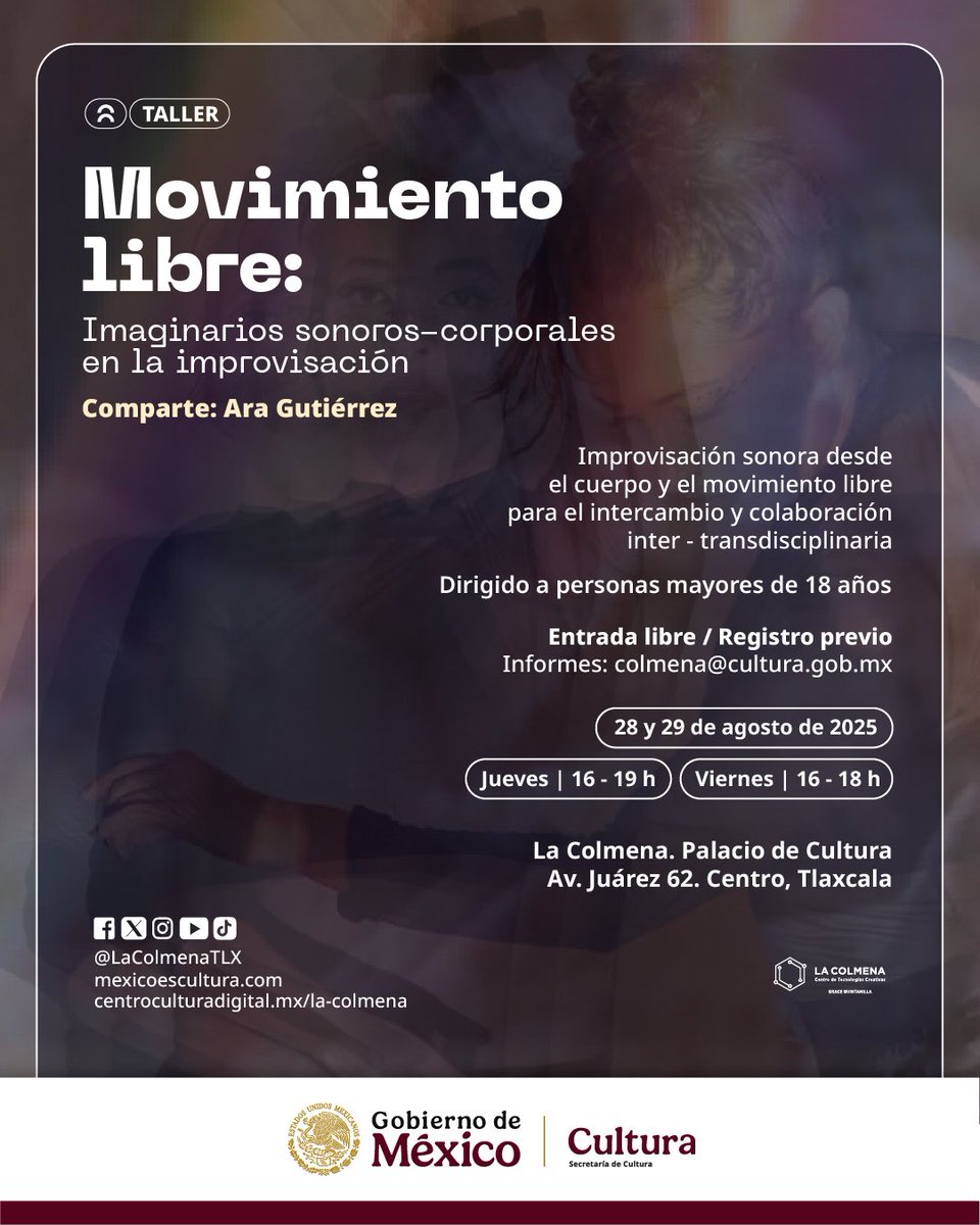 El taller “Movimiento libre: Imaginarios sonoros-corporales” propone explorar la improvisación sonora desde el cuerpo para tejer redes de colaboración e intercambio entre artistas.

+Info:
centroculturadigital.mx/actividad/movi…