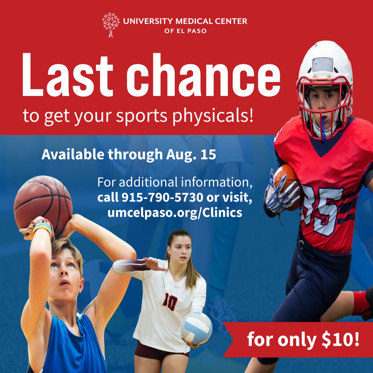 🏃‍♂️🏀Last Chance for $10 Sports Physicals at UMC Clinics! 🏈⚽

Back-to-school means it's time for your young athlete to be ready for the season ahead!

Ensure your athlete is fully prepared and protected for the season, no matter the sport.

Call today at 915-790-5730!