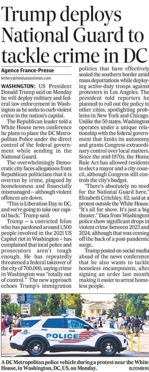 KaliKamlesh's tweet image. 🚨 “Liberation Day in DC”: Trump deploys National Guard, takes control of city police   500+ federal officers sent despite 26% drop in violent crime. Critics call it theater, Trump calls it rescue. #DCTakeover #TrumpCrimePush #FederalControl HT report |