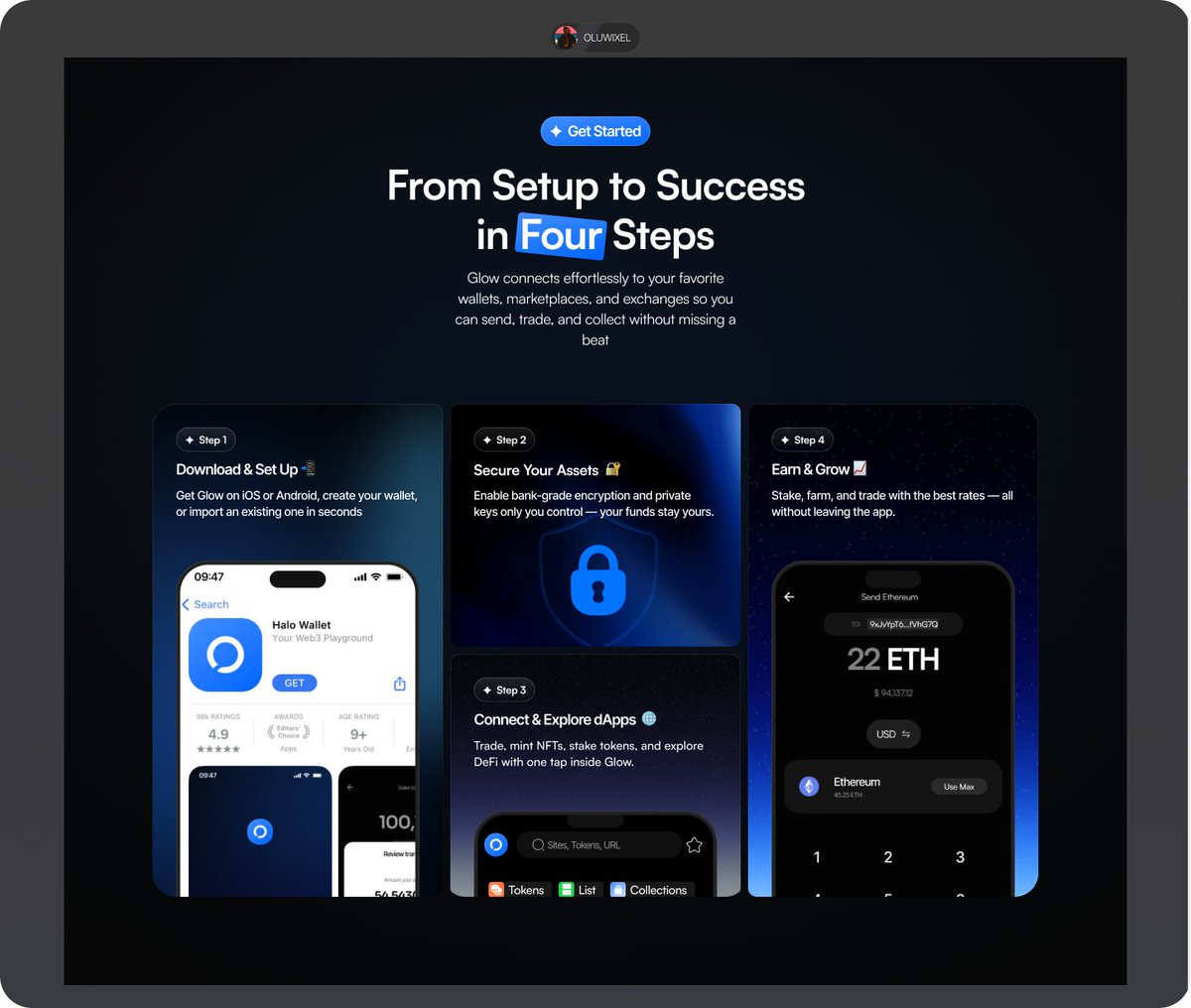 Web3 can feel complicated.
Your UI shouldn’t
I Just designed this 4-step “How It Works” section for a template  built to guide users without overwhelming them.

If you’re building a Web3 product  your onboarding is your first impression.

So make it count.