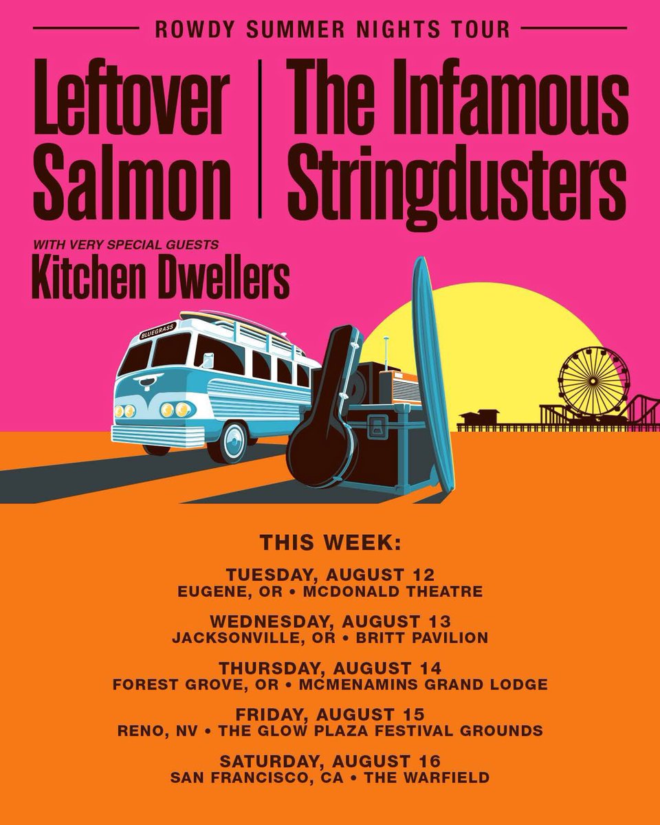 ⬇️ Sending it down the West Coast for the final week of #RowdySummerNights! Grab tix at LeftoverSalmon.com/tour 

Tues - Eugene, OR
Weds 8.13 - Jacksonville, OR
Thur 8.14 - Portland, OR
Fri 8.15 - Reno, NV
Sat 8.16 - San Francisco, CA