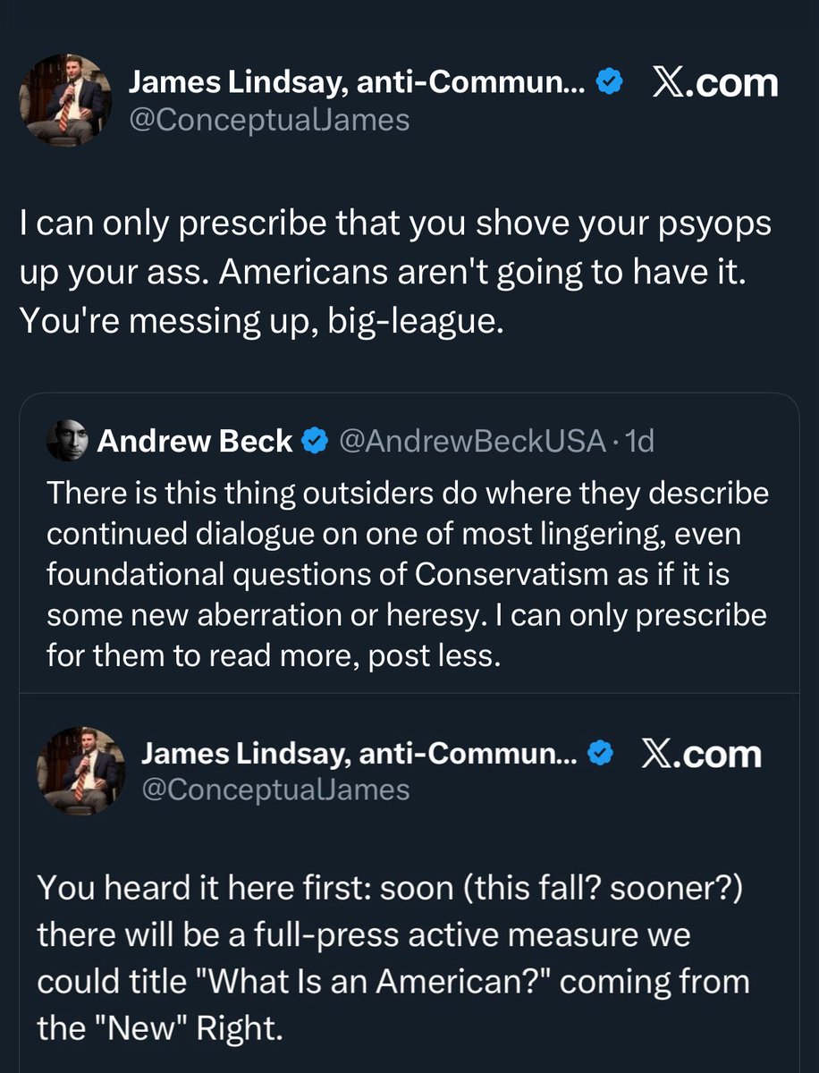 “A defined American identity is a psyop” says former massage therapist turned fedora-wearing hoaxer now posting full time on Internet.