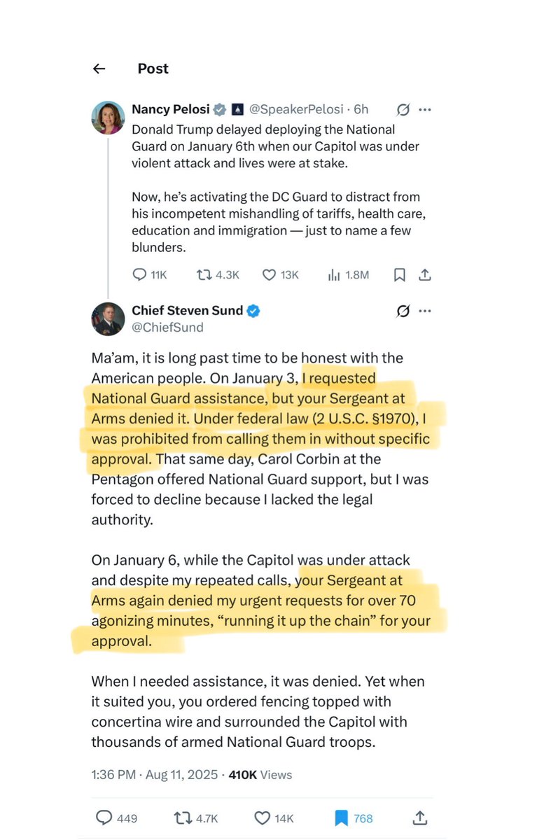 🚨 BREAKING - Former U.S. Capitol Police Chief Steven Sund just RATIOED Nancy Pelosi for LYING about the deployment of National Guard troops on January 6, saying he REQUESTED them, but her Sergeant at Arms DENIED his request.
