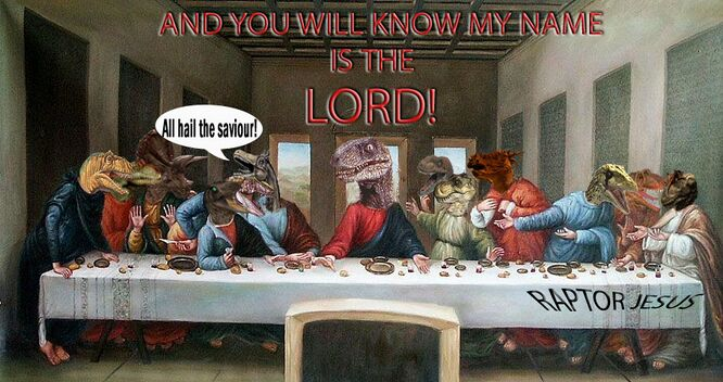 whoscrank's tweet photo. Raptor Jesus 🦖✝️

$RJ

Half velociraptor. Half messiah.

Viral icon of peak 2000s–2010s internet.

Originated as a Photoshop meme on 4chan.

The lore?
He “died for your sins” but respawned in the Cretaceous.

Old internet + absurd humor = cult potential

(links down below) https://t.co/eQ6b4dHUhg
