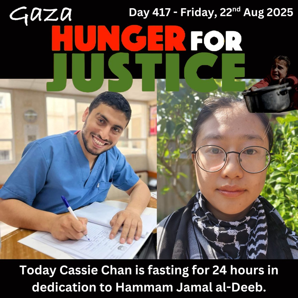 NenaghPalestine's tweet photo. #hunger4justice
Day 417: Cassie Chan (Oxfordshire)
Martyr: Dr Hammam Jamal al-Deeb (https://t.co/VDQmOQ0Pp5)
Cassie remembers Dr Hammam an orthopaedic surgeon at al-Shifa hospital. Hammam is yet another healthcare worker cut down by Israel
Join us at:
https://t.co/V7VTiGY77x https://t.co/gIEJrSjKxu