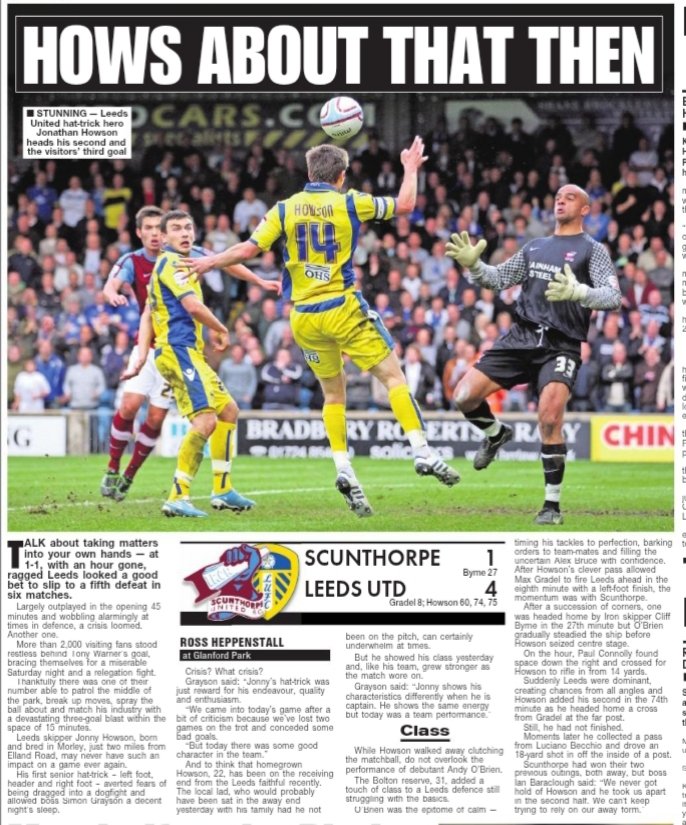 Great to see former #LUFC captain Jonny Howson back at Elland Road.  I reported on Howson’s debut and then him scoring his first senior hat-trick (header, left foot and right foot) in this 4-1 Championship win at Scunthorpe Utd 15 years ago. Morley’s finest still going strong 💪🏻