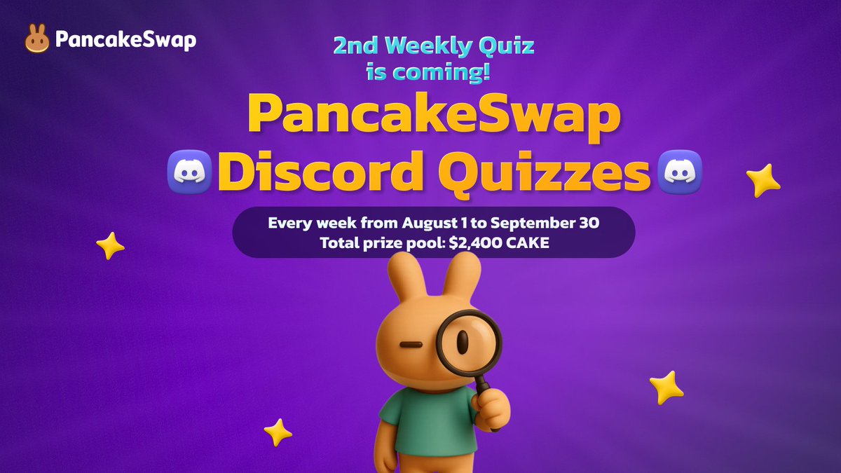 PCS Ambassadors (@pcsambassadors) on Twitter photo 🔔 Reminder
Our 2nd Weekly Quiz is almost here! 🥳
Test your knowledge of DeFi, <a href="/PancakeSwap/">PancakeSwap</a> & crypto for a share of $300 in CAKE 🥞
🗓 Aug 13, 12 PM UTC
📍 discord.gg/pancakeswap
🏆 Top 10 win $30 each 🔔 Reminder
Our 2nd Weekly Quiz is almost here! 🥳
Test your knowledge of DeFi, <a href="/PancakeSwap/">PancakeSwap</a> & crypto for a share of $300 in CAKE 🥞
🗓 Aug 13, 12 PM UTC
📍 discord.gg/pancakeswap
🏆 Top 10 win $30 each