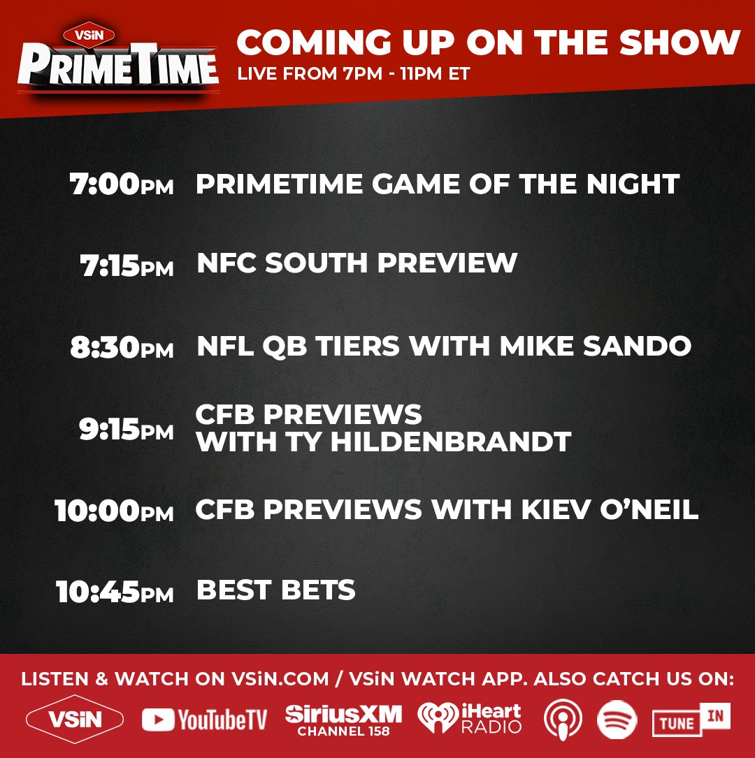 VSiN (@vsinlive) on Twitter photo Tonight on #VSiNPrimeTime with <a href="/1TimMurray/">Tim Murray</a> & <a href="/NotTheeWillHill/">Will Hill</a>
NFC South preview <a href="/SkatingTripods/">Adam Burke</a>
NFL QB tiers with <a href="/SandoNFL/">Mike Sando</a>
CFB previews with <a href="/tyhildenbrandt/">Ty Hildenbrandt</a> & <a href="/OBKiev/">Kiev</a>
Best Bets to close the night
Watch & Listen: linktr.ee/VSiNPrimeTime Tonight on #VSiNPrimeTime with <a href="/1TimMurray/">Tim Murray</a> & <a href="/NotTheeWillHill/">Will Hill</a>
NFC South preview <a href="/SkatingTripods/">Adam Burke</a>
NFL QB tiers with <a href="/SandoNFL/">Mike Sando</a>
CFB previews with <a href="/tyhildenbrandt/">Ty Hildenbrandt</a> & <a href="/OBKiev/">Kiev</a>
Best Bets to close the night
Watch & Listen: linktr.ee/VSiNPrimeTime