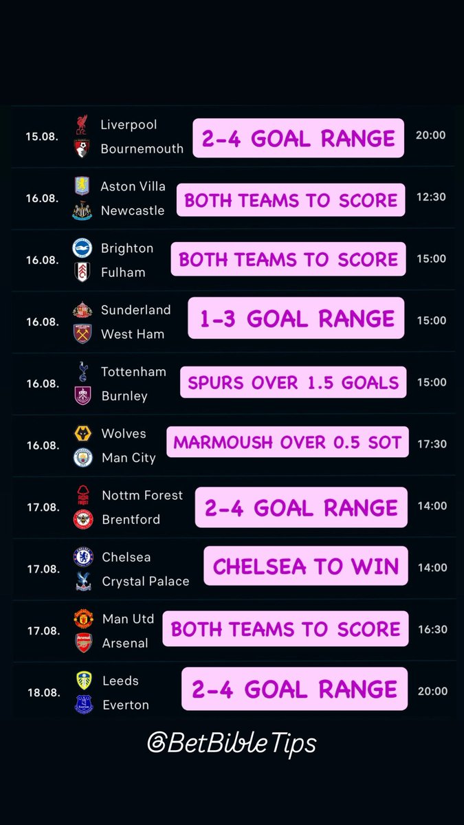 BetBibleTips's tweet photo. PREMIER LEAGUE WEEK 1 ACCA 🏴󠁧󠁢󠁥󠁮󠁧󠁿⚽️

£10 returns £850 🤯💷

I’ll #giveaway £100 to 3 people who LIKE &amp; RT this (Must follow @BetBibleTips )✅

Free VIP MAX BET posted in comments👇 https://t.co/E8ff8d2Wys