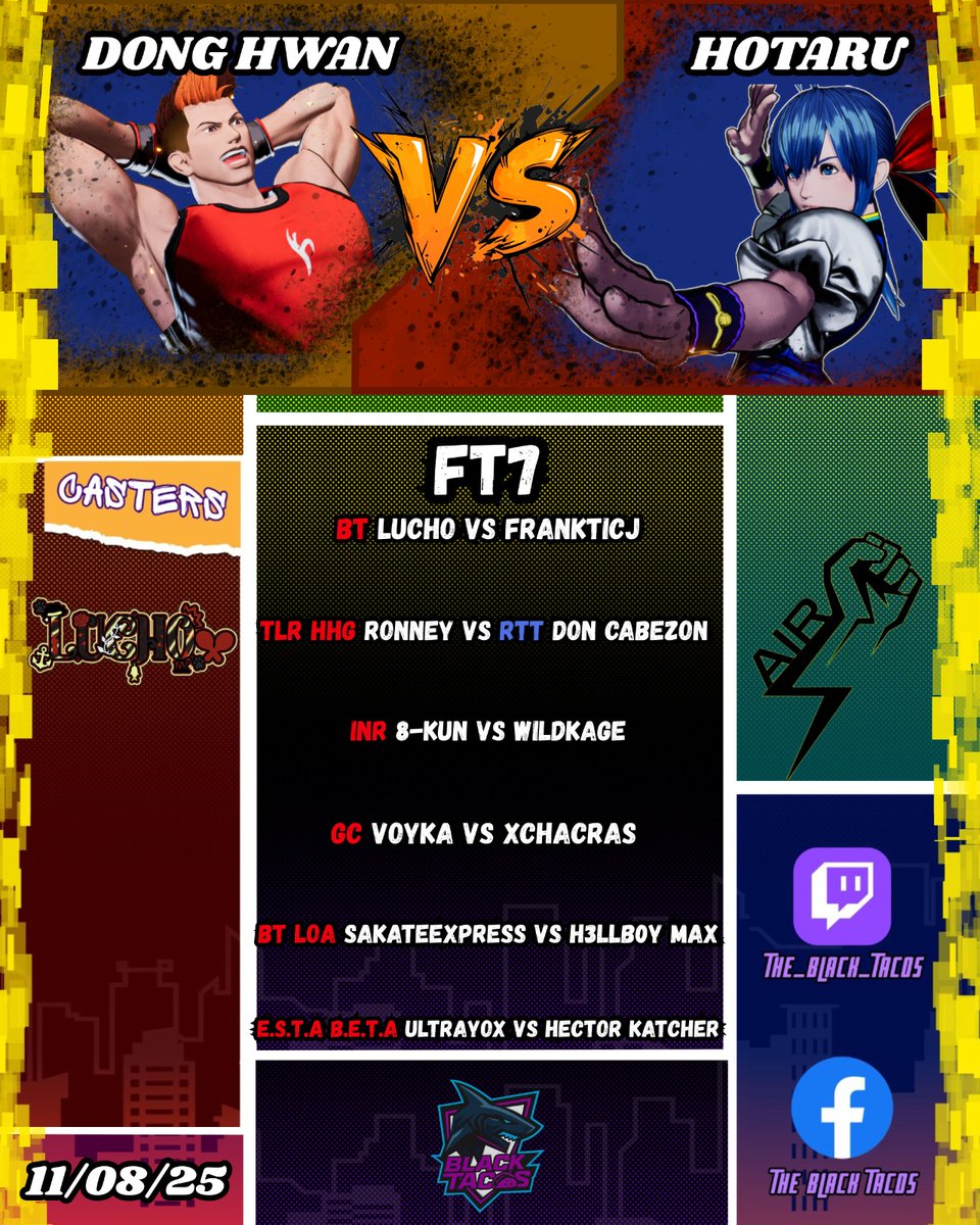 Buen inicio de semana y como todas las semanas iniciamos con grandes peleas de fran nivel
Puedes ver estos enfrentamientos hoy a las 8 pm (hora mexico) en su canal de spg
twitch.tv/the_black_taco…

Si quieres participar puedes mandarnos un mensaje y con gusto te agendaremos