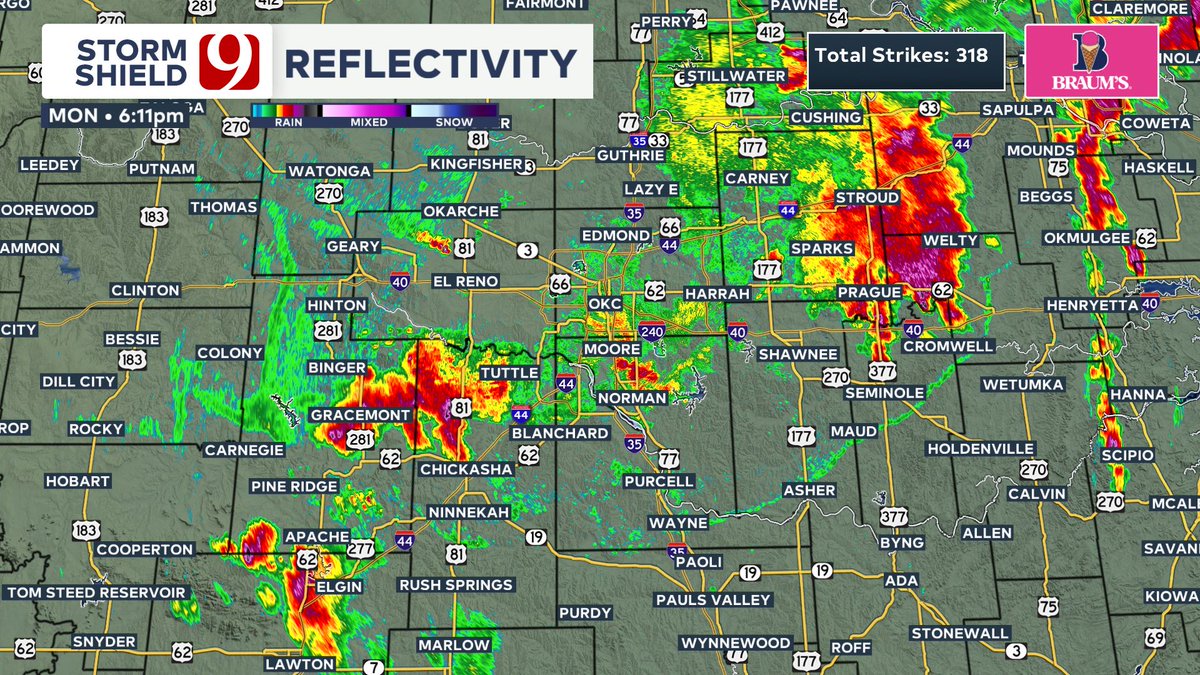 6:12 PM RADAR UPDATE: The storms have weakened some over the last 30 minutes. Heaviest storm is near Tuttle to Gracemont. Heavy rain, lightning and some higher gusts to 45 mph are possible. Moving ENE at 20 mph.