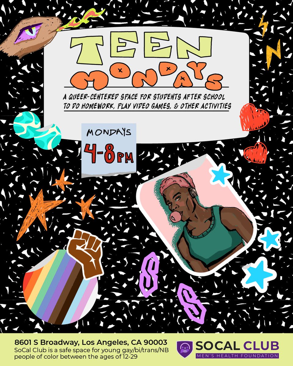 socalclubla's tweet photo. Whatcha up to after class.. 🤗

📓 Teen Mondays is queer after school space for all high schoolers! 🌈 Do homework, play video games, and hang out every Monday from 4-8pm!

#teenmondays #teen #afterschool #freeafterschoolprogram #safespace #queerteen #gayteen #southla #gaysouthla https://t.co/QwAVqYVKxY
