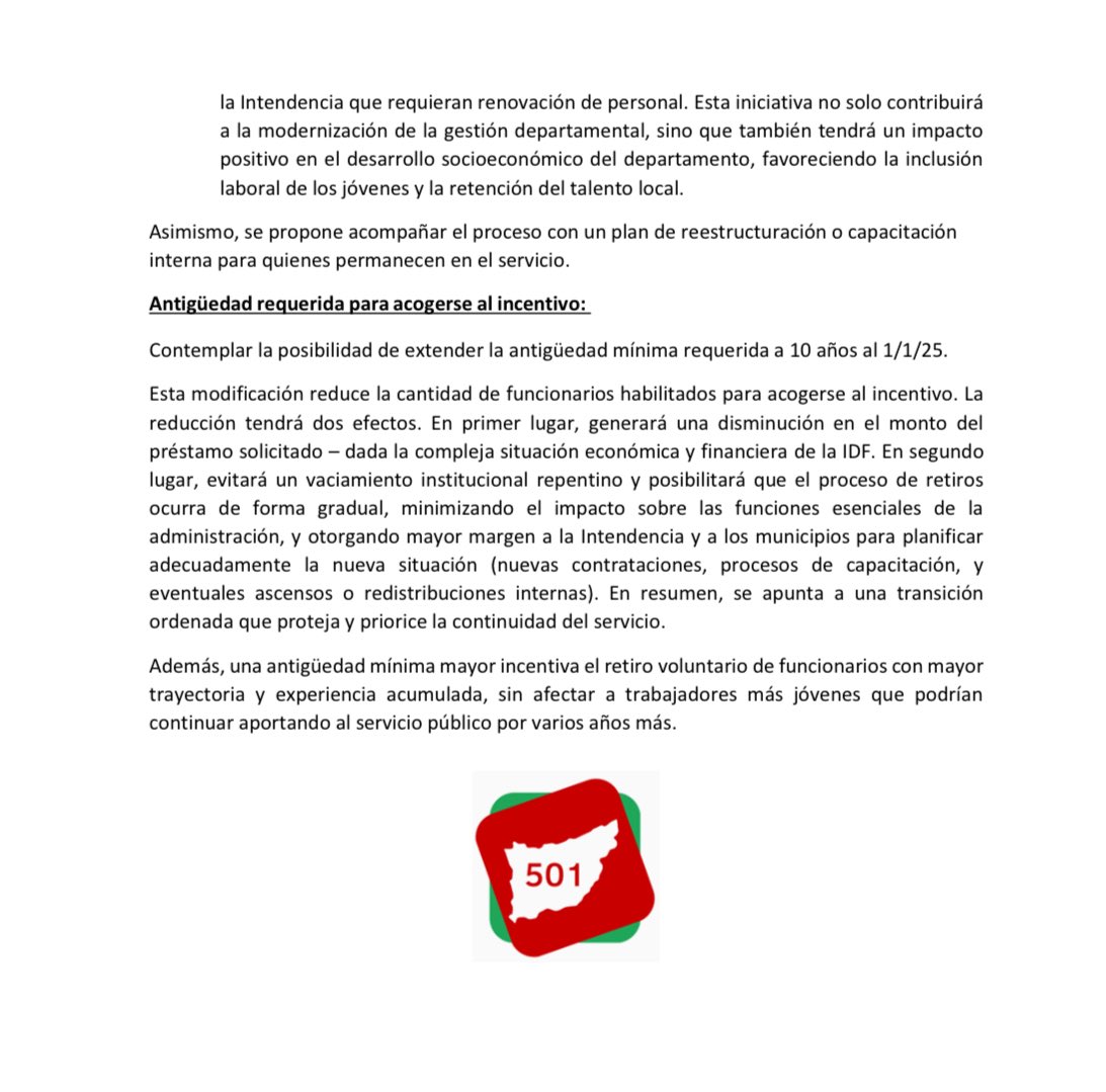 📌🔴 La <a href="/Lista501Florida/">Lista 501- Florida</a> presentó propuestas sobre el Proyecto de Retiro Incentivado.
Entre ellas se destacan:
✅ Revisar el monto solicitado.
✅ Cubrir vacantes con jóvenes egresados de UTU.
✅ Elevar la antigüedad mínima a 10 años.