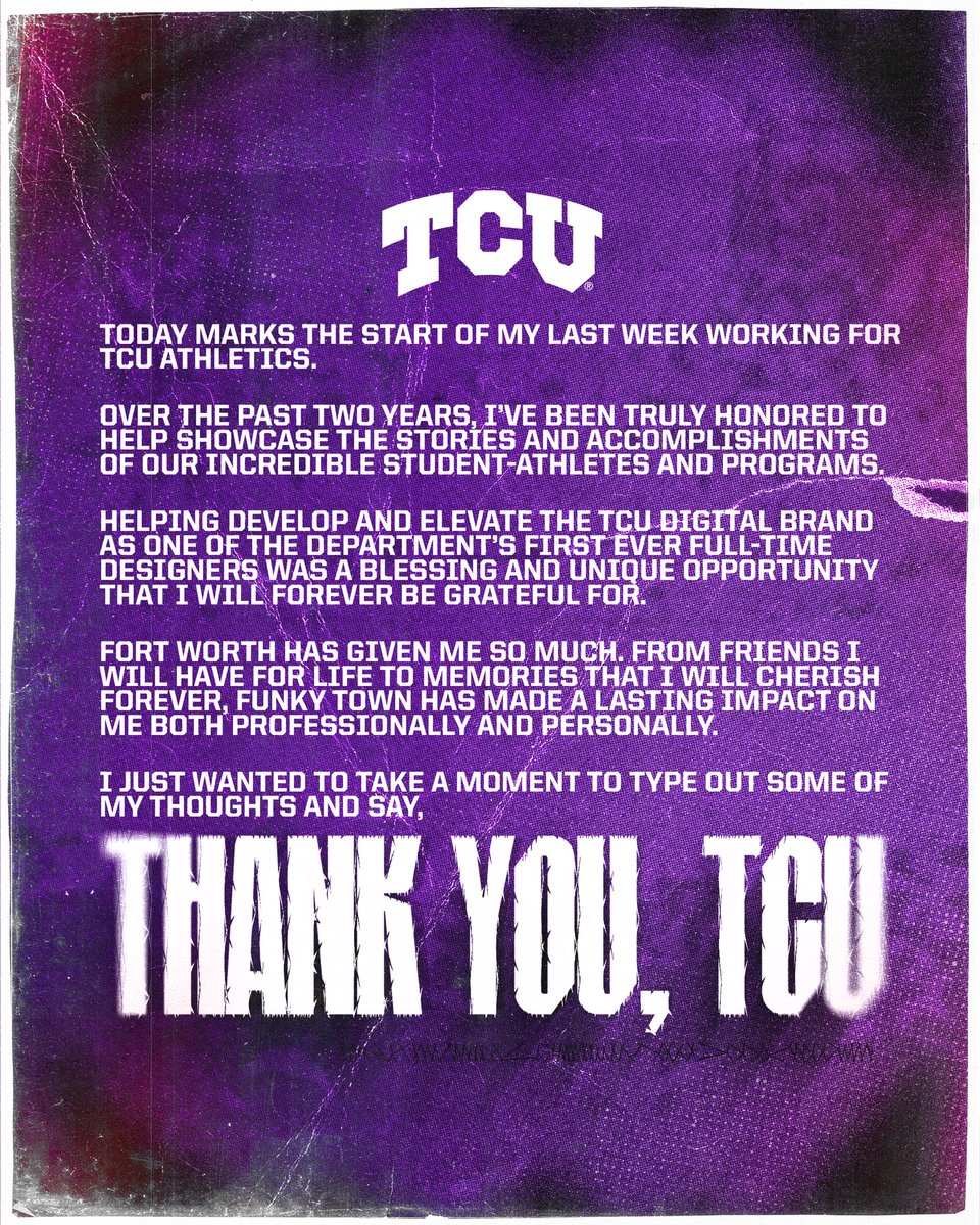 Zach Campbell (@zachc_22) on Twitter photo 𝐓𝐡𝐚𝐧𝐤 𝐘𝐨𝐮, 𝐓𝐂𝐔
This week I’m officially closing the chapter of working for <a href="/TCU_Athletics/">TCU Athletics</a> and working in college sports.
Going to be sad to say goodbye, but excited for my next journey! 𝐓𝐡𝐚𝐧𝐤 𝐘𝐨𝐮, 𝐓𝐂𝐔
This week I’m officially closing the chapter of working for <a href="/TCU_Athletics/">TCU Athletics</a> and working in college sports.
Going to be sad to say goodbye, but excited for my next journey!